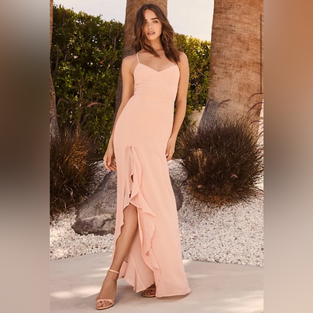 Lulus Blush Pink Maxi Dress - Women’s Medium, Spaghetti Straps, Ruffle Detail